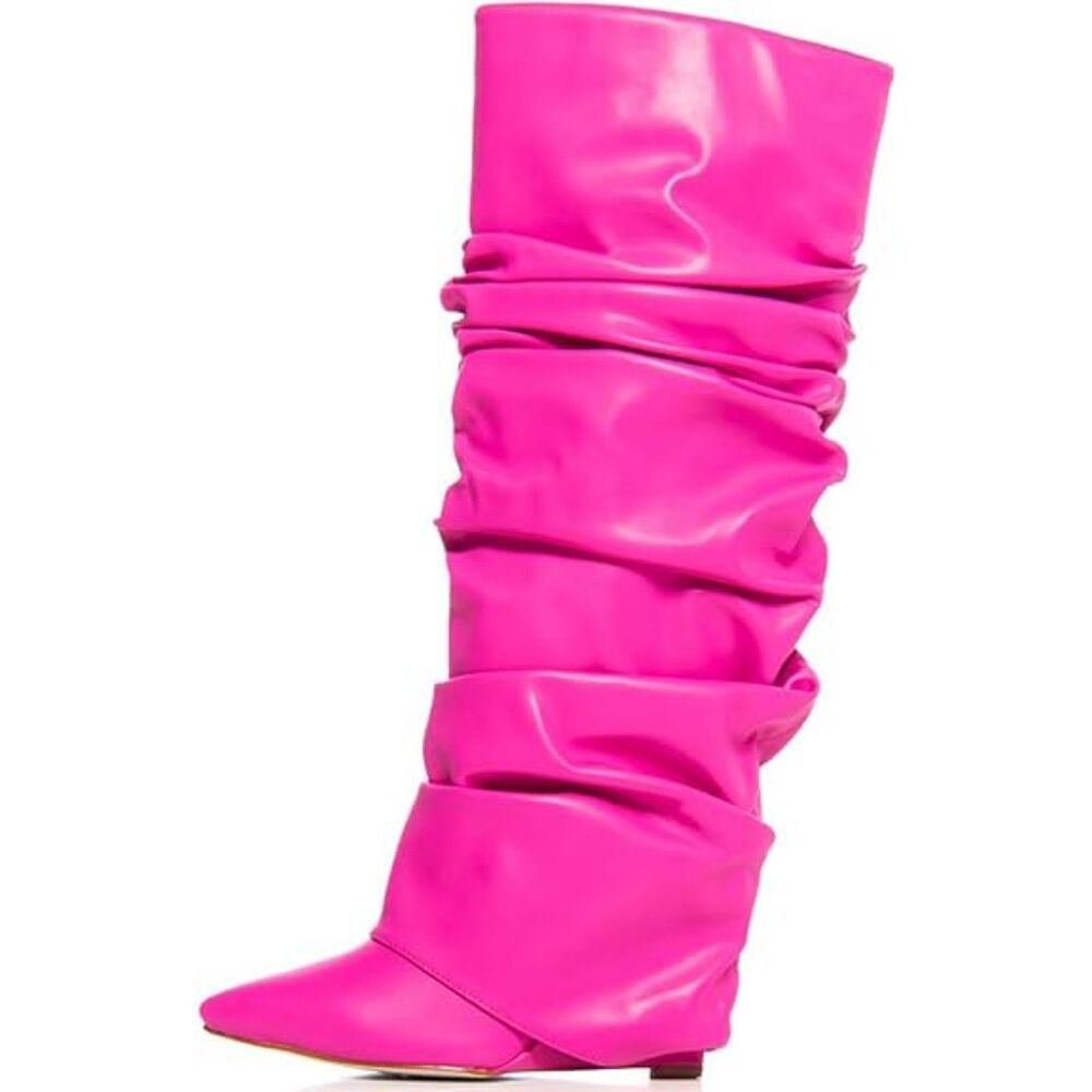Women's Pink Covered Wedge Heel Patent Wide Calf Pointed Toe Knee High Boot